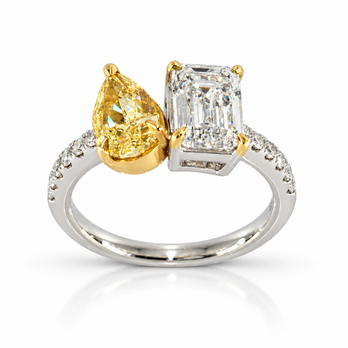 2.91 Carat Lab-Grown Emerald-Cut & Yellow Pear Diamond Toi et Moi Ring