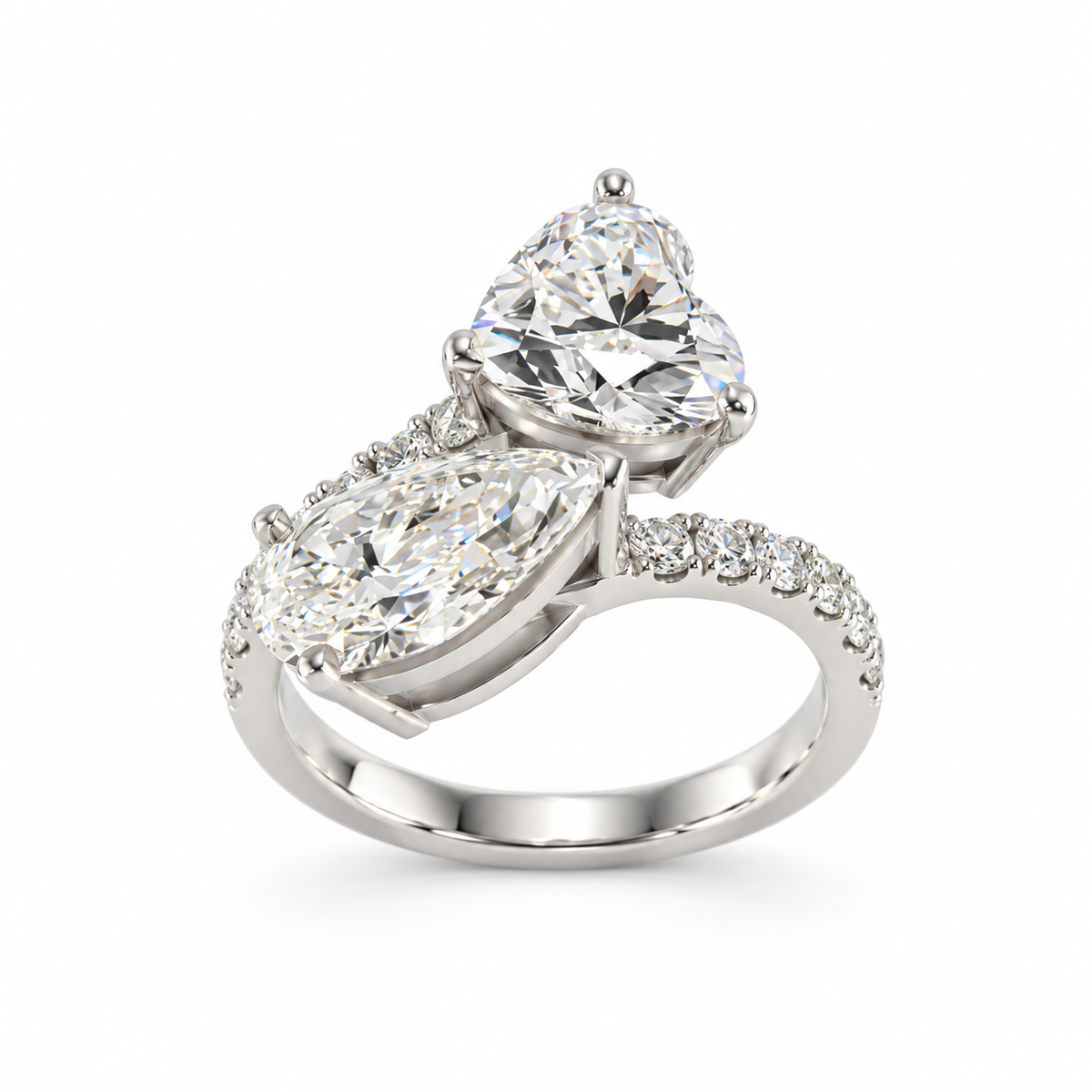 Heart & Pear Toi et Moi Diamond Ring with Pavé Band 4.50 Carat Total Weight, E Color, VS1 Clarity