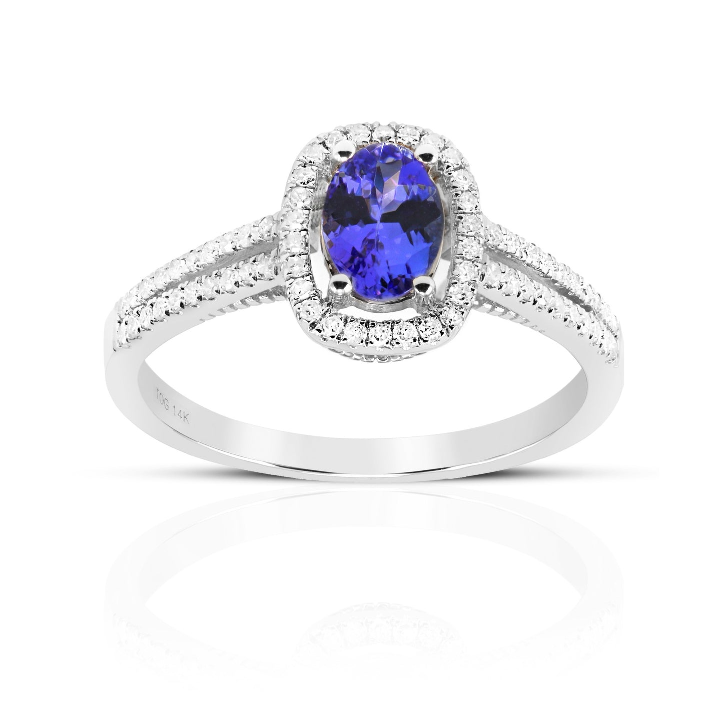 Twin Shank Oval style Tanzanite halo and Pave' Diamond accent ring 14 Karat White Gold