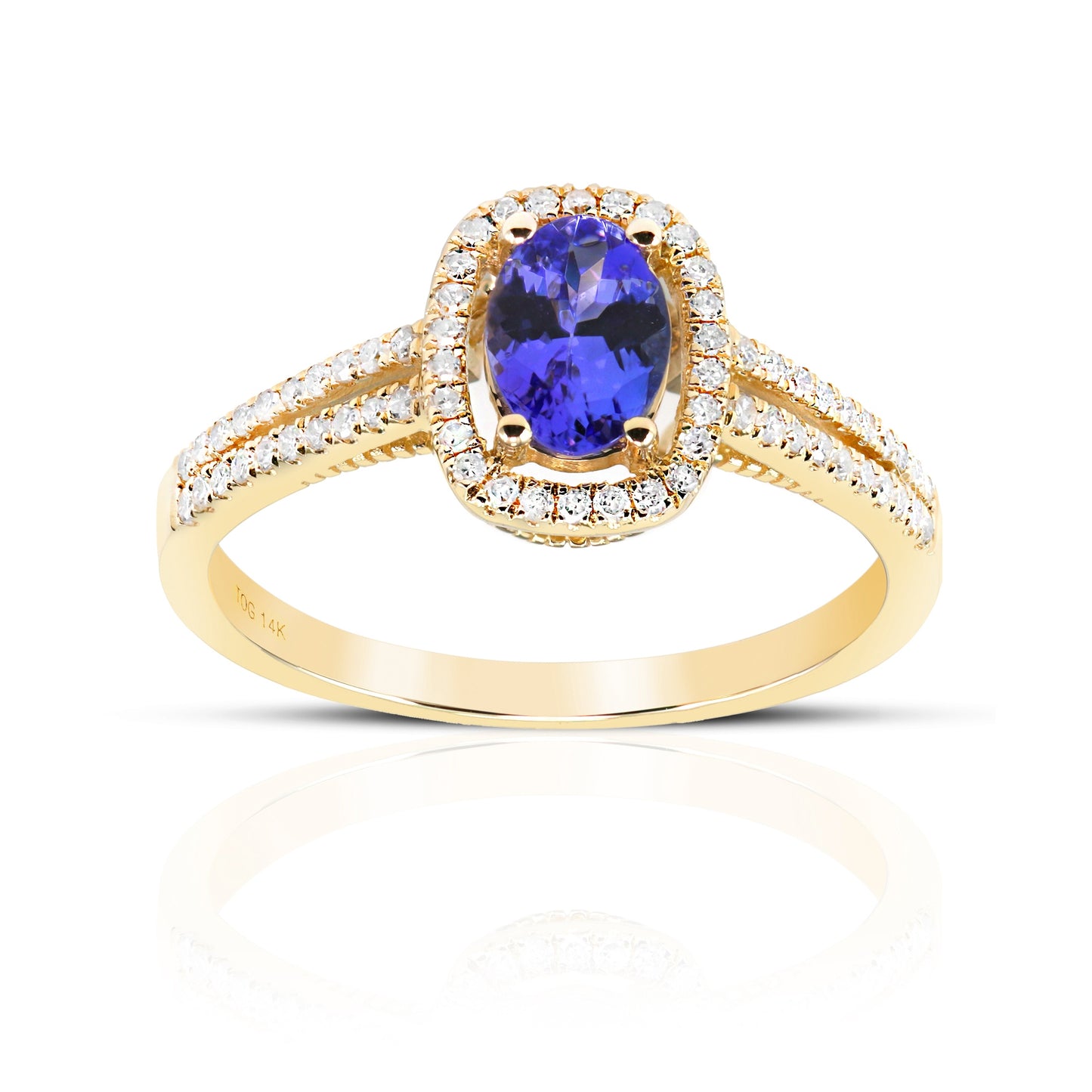 Twin Shank Oval Tanzanite halo and Pave' Diamond accent ring 14 Karat Yellow Gold