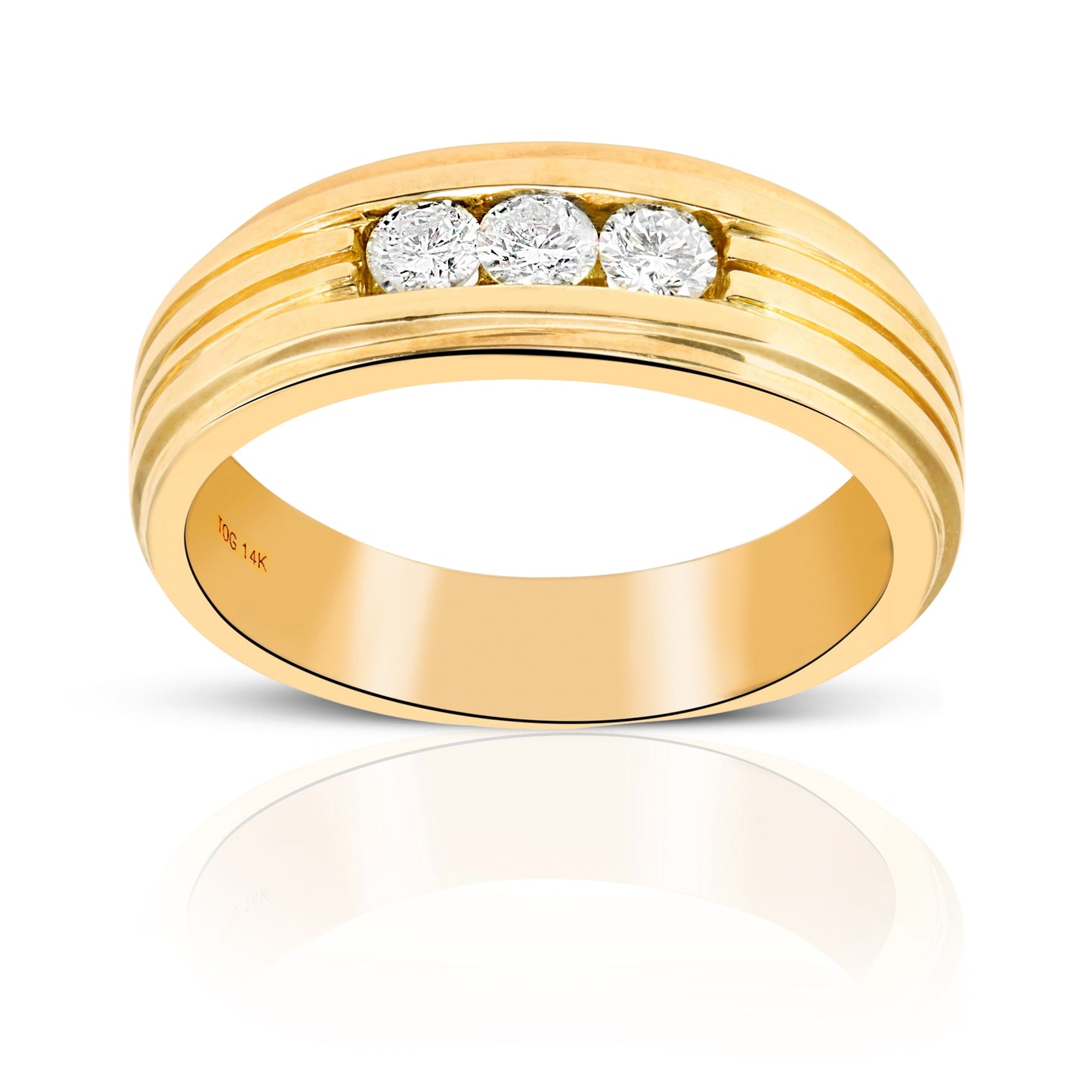 Men's 3 Stone round full cut Diamond Channel-set Wedding Band 14 Karat Yellow Gold