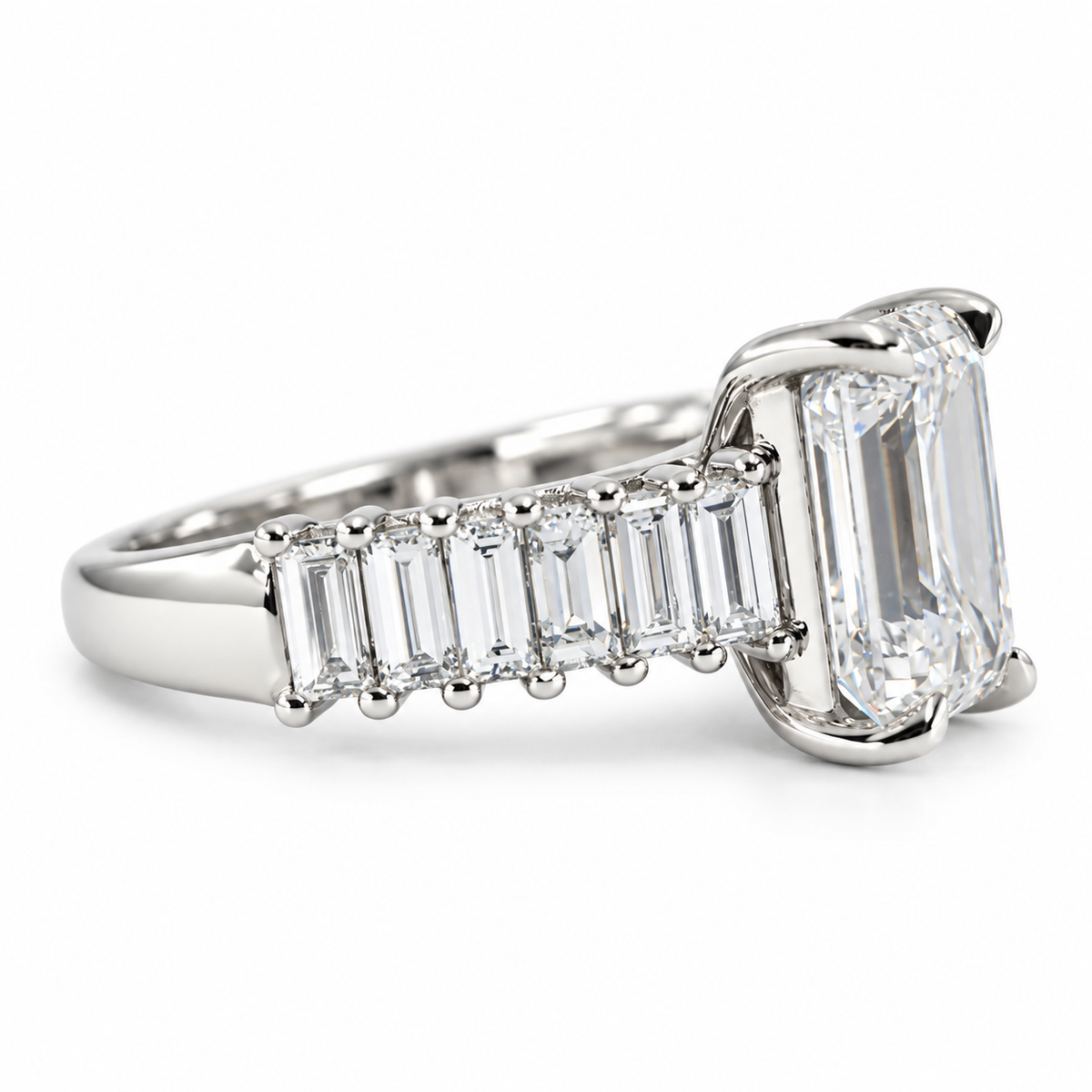 Emerald-Cut Diamond Engagement Ring with Baguette Diamond Band – 5.41 Carat Total Weight, E Color, VS1 Clarity
