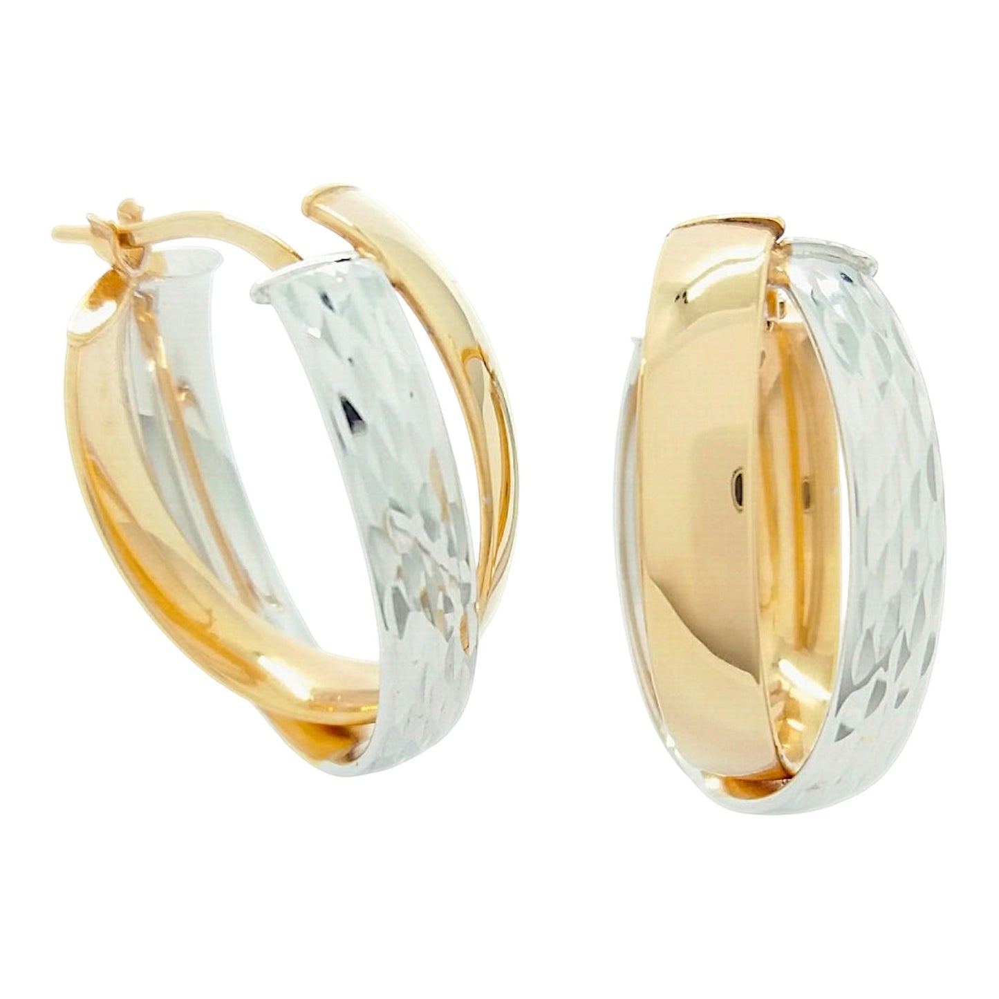 14Kt Two-Tone High Polish and Diamond Cut X-Earrings Hoop Earrings 4.4g