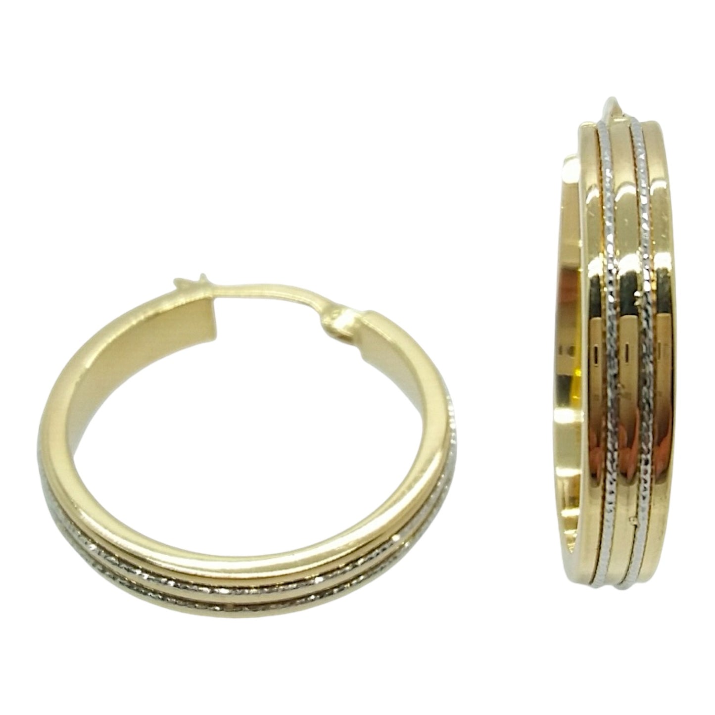 14Kt Two-Tone Texture Detailed Hoop Earrings