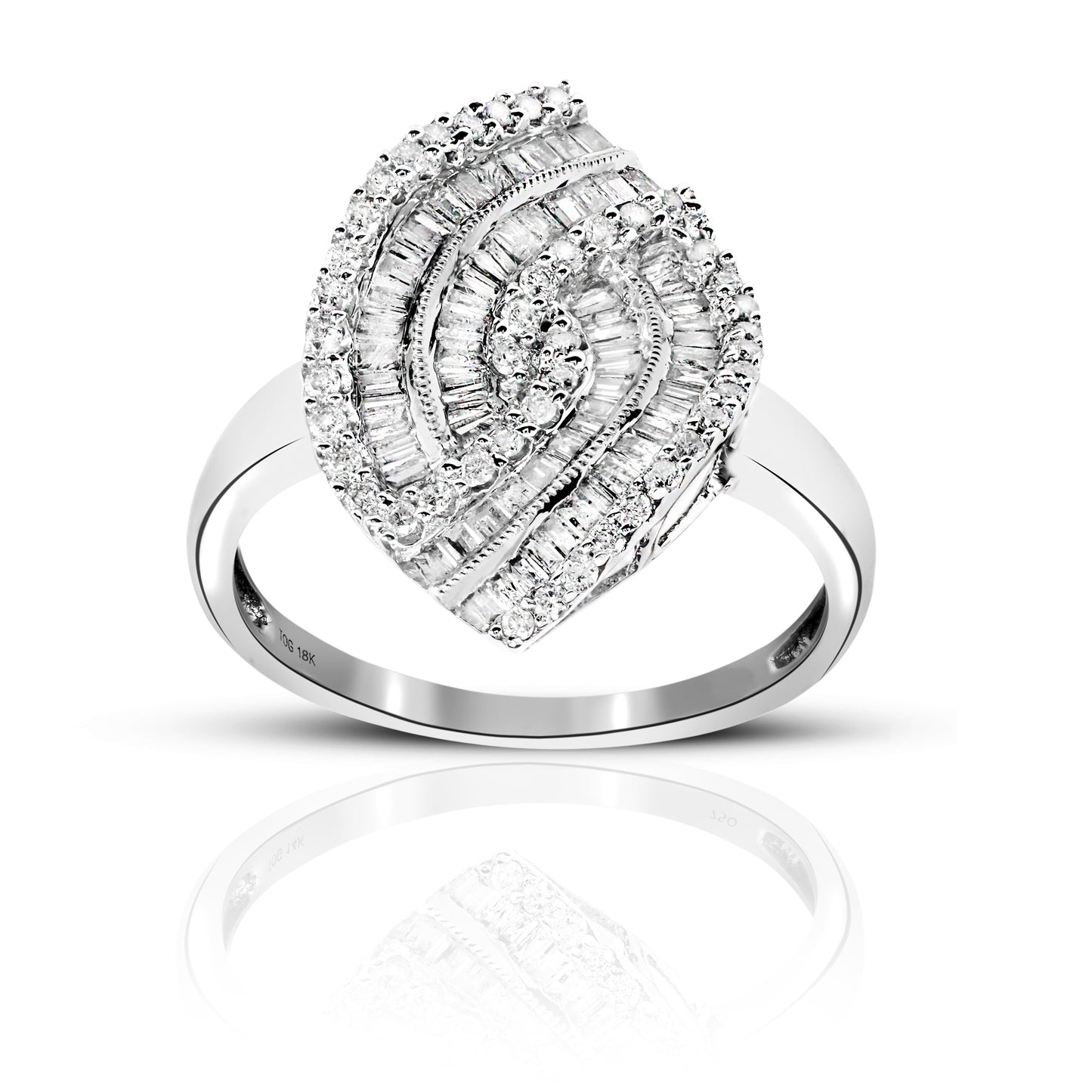 Elegant Cocktail ring with Baguettes and Pave Style Diamonds 18 Karat White Gold