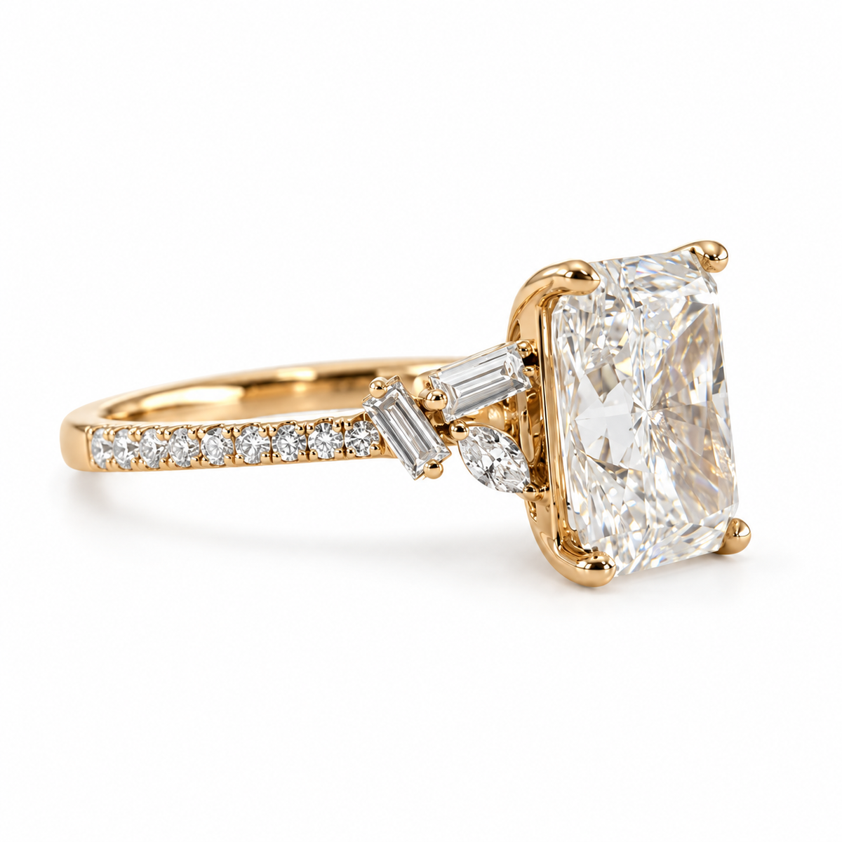 3.02 Carat Radiant-Cut Lab-Grown Diamond Engagement Ring with Mixed Diamond Accents in 14K Yellow Gold