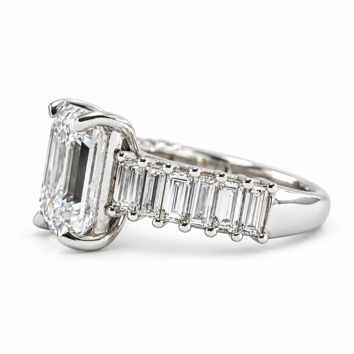 Emerald-Cut Diamond Engagement Ring with Baguette Diamond Band – 5.41 Carat Total Weight, E Color, VS1 Clarity