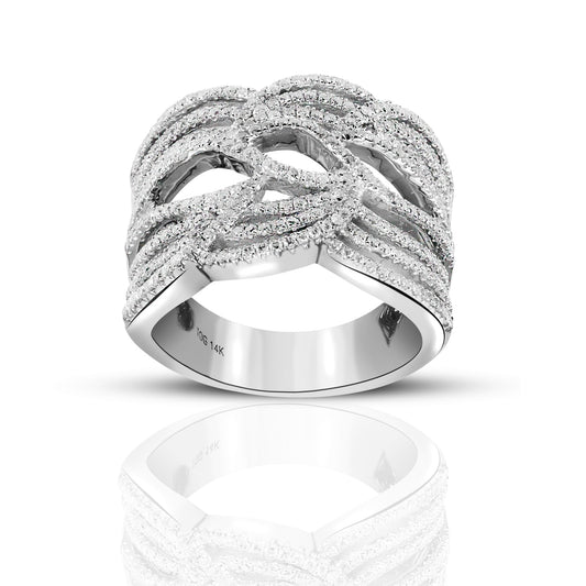 Finely detailed 14 Karat White gold Cross over Cocktail Pave Style Ring with Full cut Diamonds