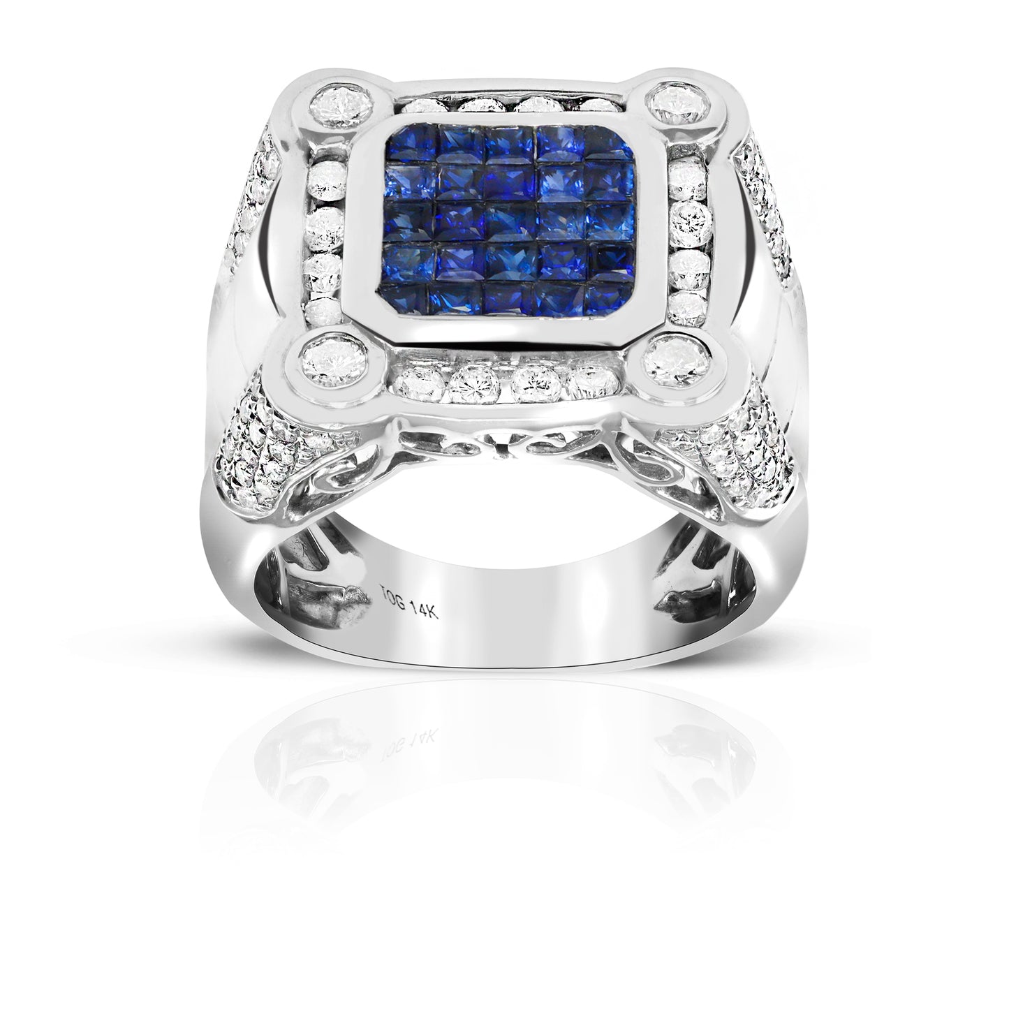 London Blue Sapphire Invisible Princess-cut Men's Ring with Full cut Channel-Set and accent Diamonds 14 Karat White Gold