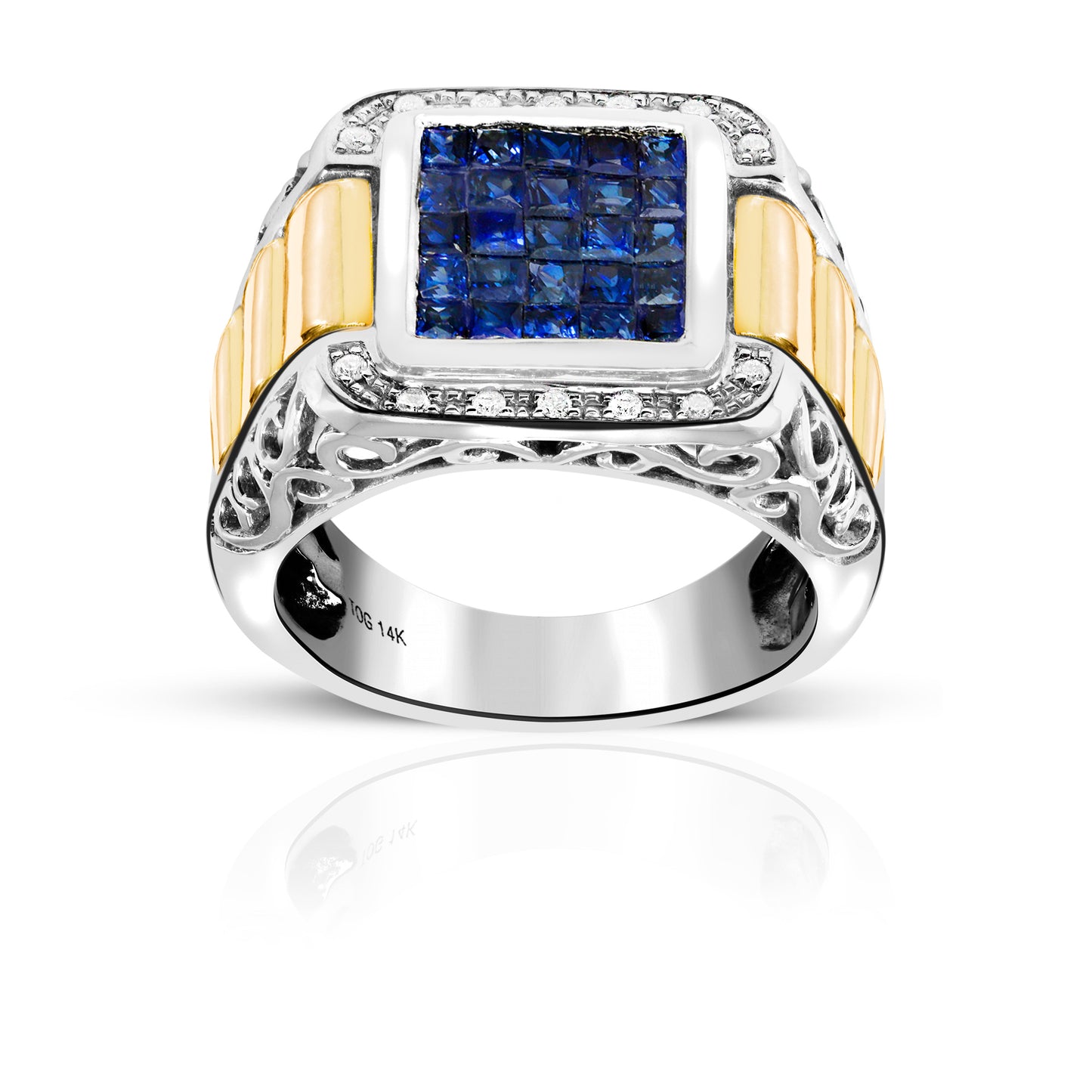 Vintage Style Blue Sapphire Invisible Princess-cut Men's Ring with Pave Diamonds Two Tone 14 Karat Yellow and White Gold