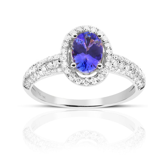 Oval Tanzanite with Halo and Pave' Diamond accent Ring 14 Karat White Gold