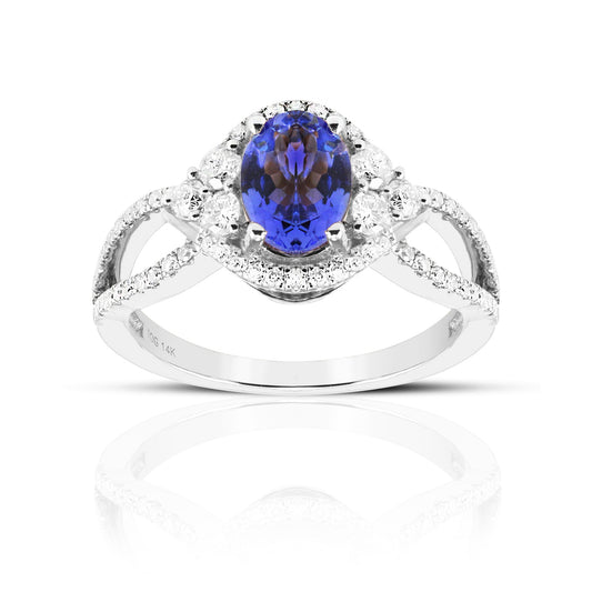 Art Deco Inspired Oval Tanzanite with Pave' Full cut Diamond accent Ring 14 Karat White Gold