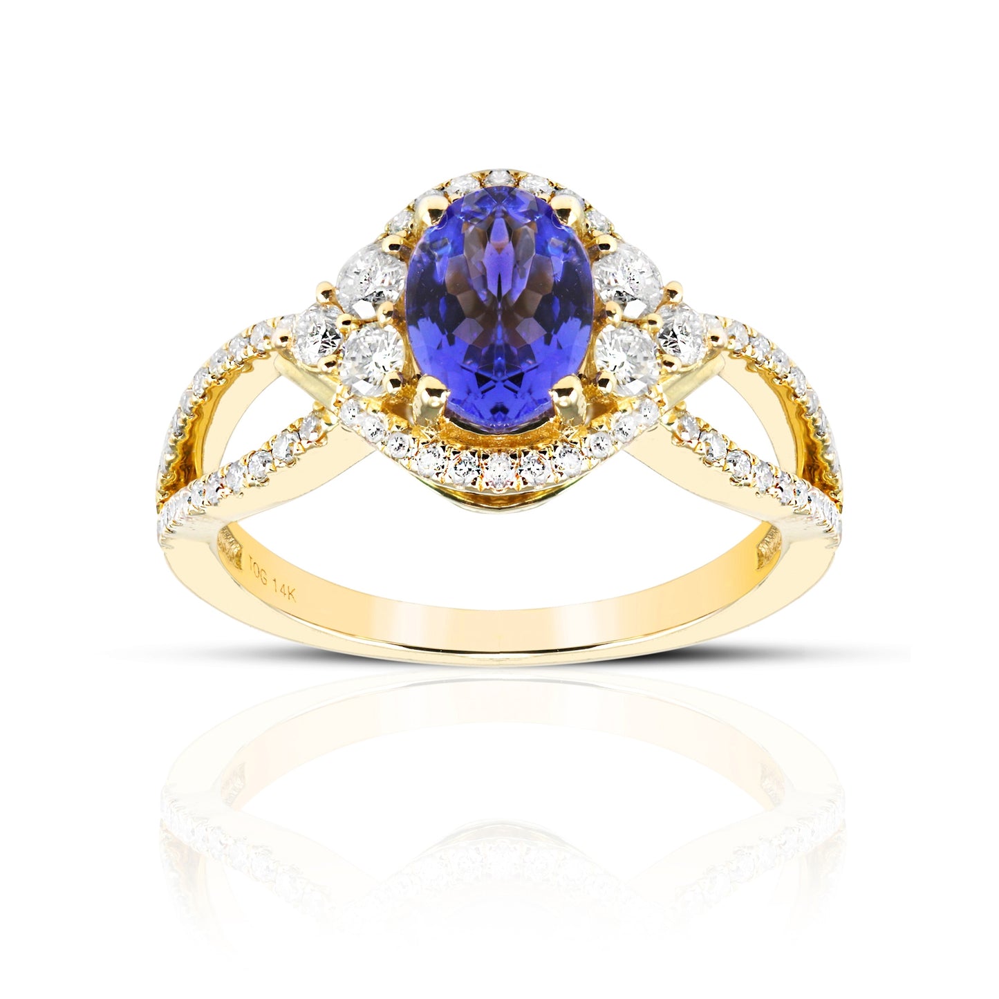 Art Deco Inspired Oval Tanzanite with Pave' Full cut Diamond accent ring 14 Karat Yellow Gold