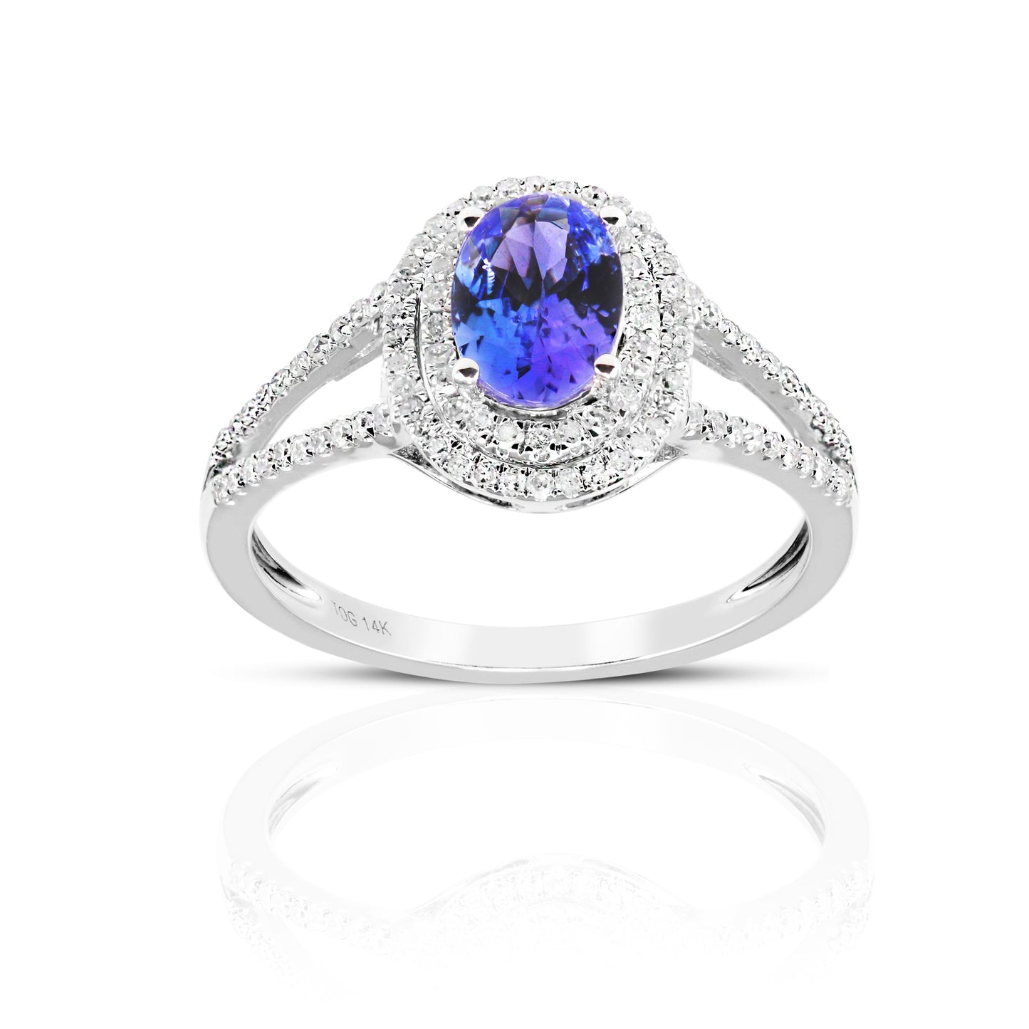 Split Shank style Oval Tanzanite double-halo and Pave' Diamond accent ring 14 Karat White Gold