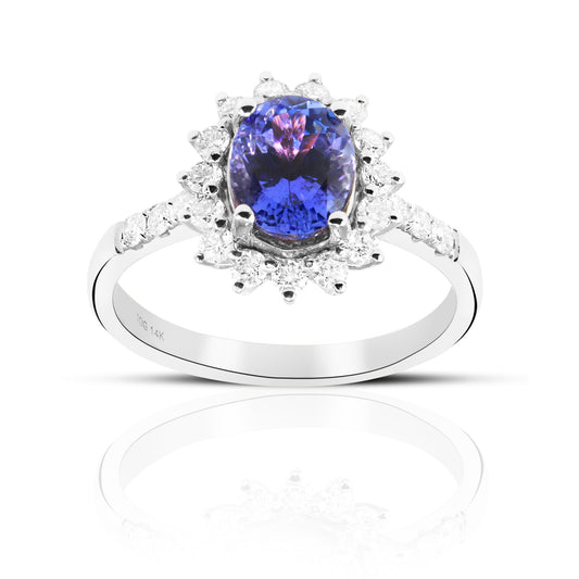 Oval Style Tanzanite halo and Pave' Full cut Diamond accent Ring 14 Karat White Gold