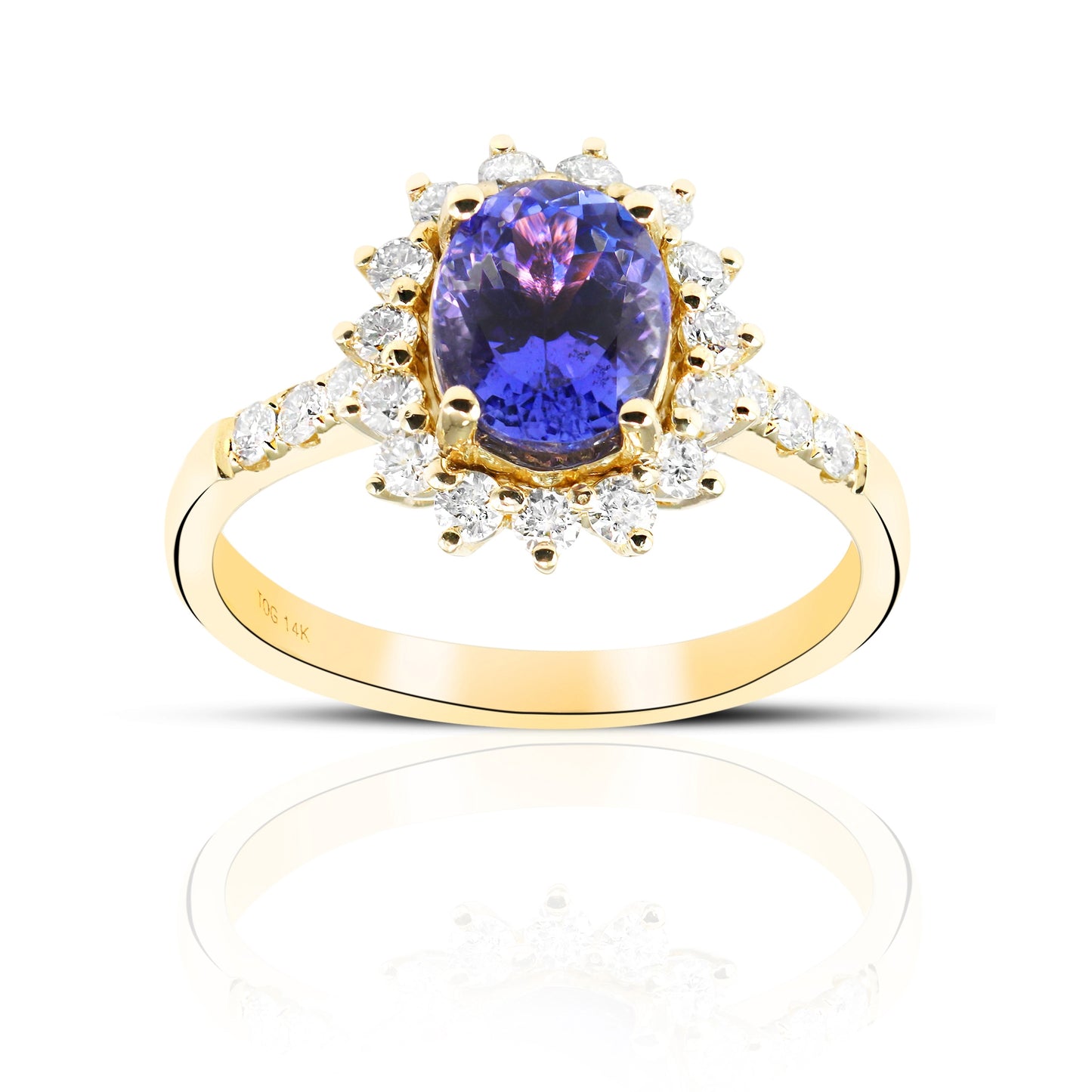 Oval Style Tanzanite halo and Pave' Full cut Diamond accent Ring 14 Karat Gold