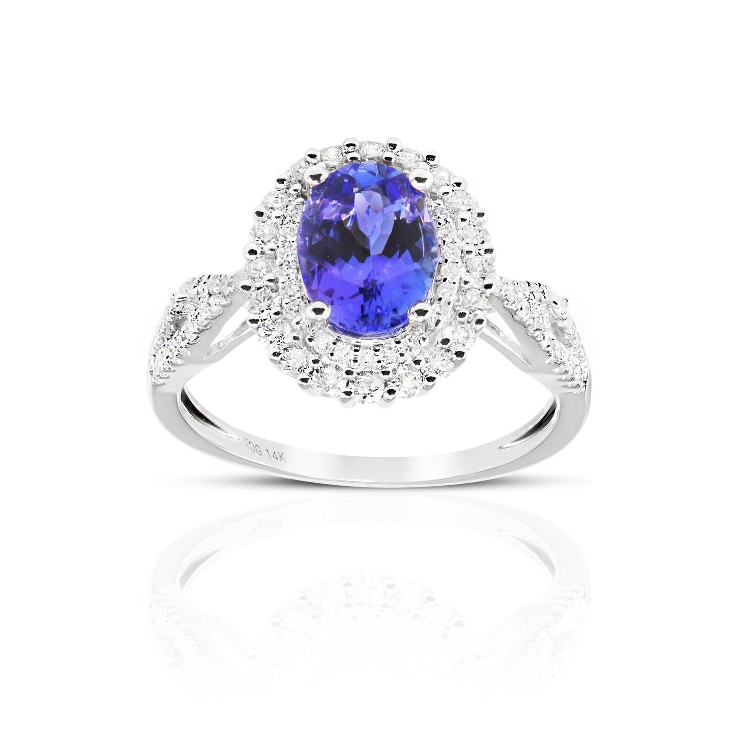 Oval Tanzanite double-halo split shank ring with Pave' Full cut Diamond accents 14 Karat White Gold