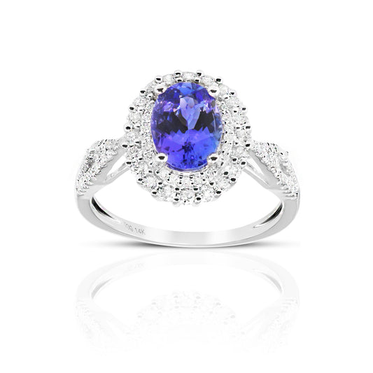 Oval Tanzanite double-halo split shank ring with Pave' Full cut Diamond accents 14 Karat White Gold