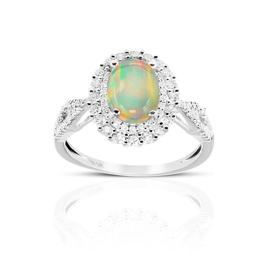 Vintage Split Shank Oval Opal double halo ring with Pave' Diamond accents 14 Karat White Gold