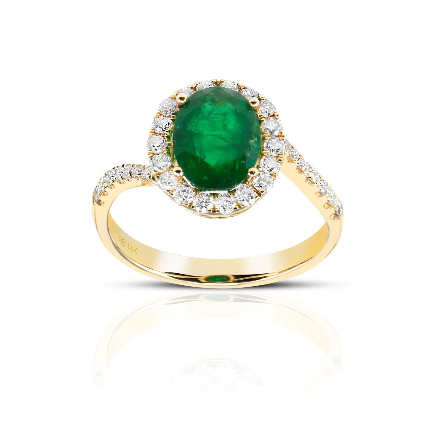 Oval Style Emerald halo ring with Pave' Full cut Diamond accents 14 Karat Yellow Gold