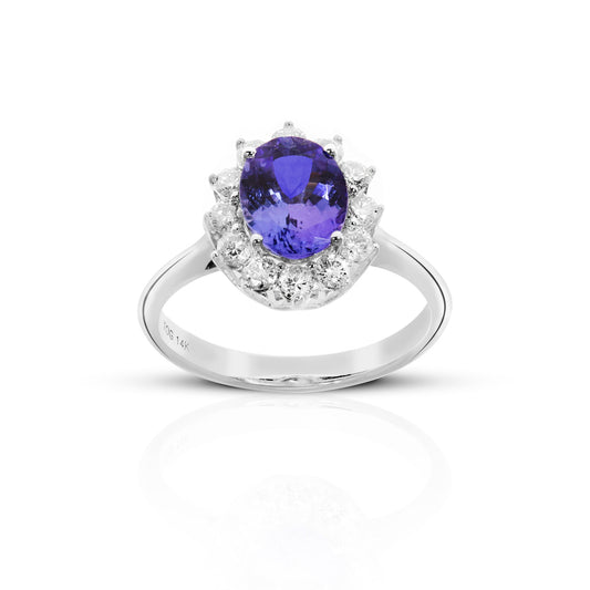 Oval Tanzanite Ring with Floral Halo Full cut Diamonds 14 Karat White Gold