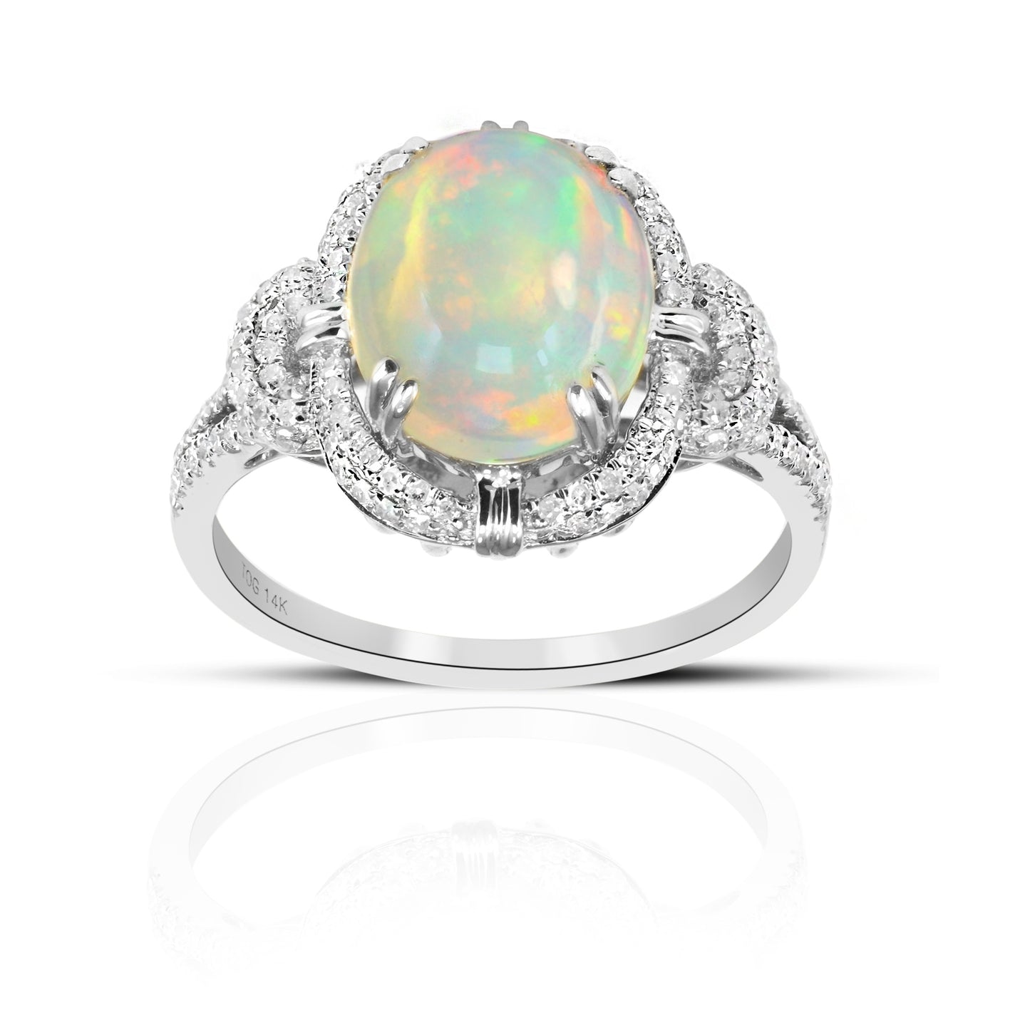 Vintage inspired Oval Opal ring with Pave' Diamond accents 14 Karat White Gold