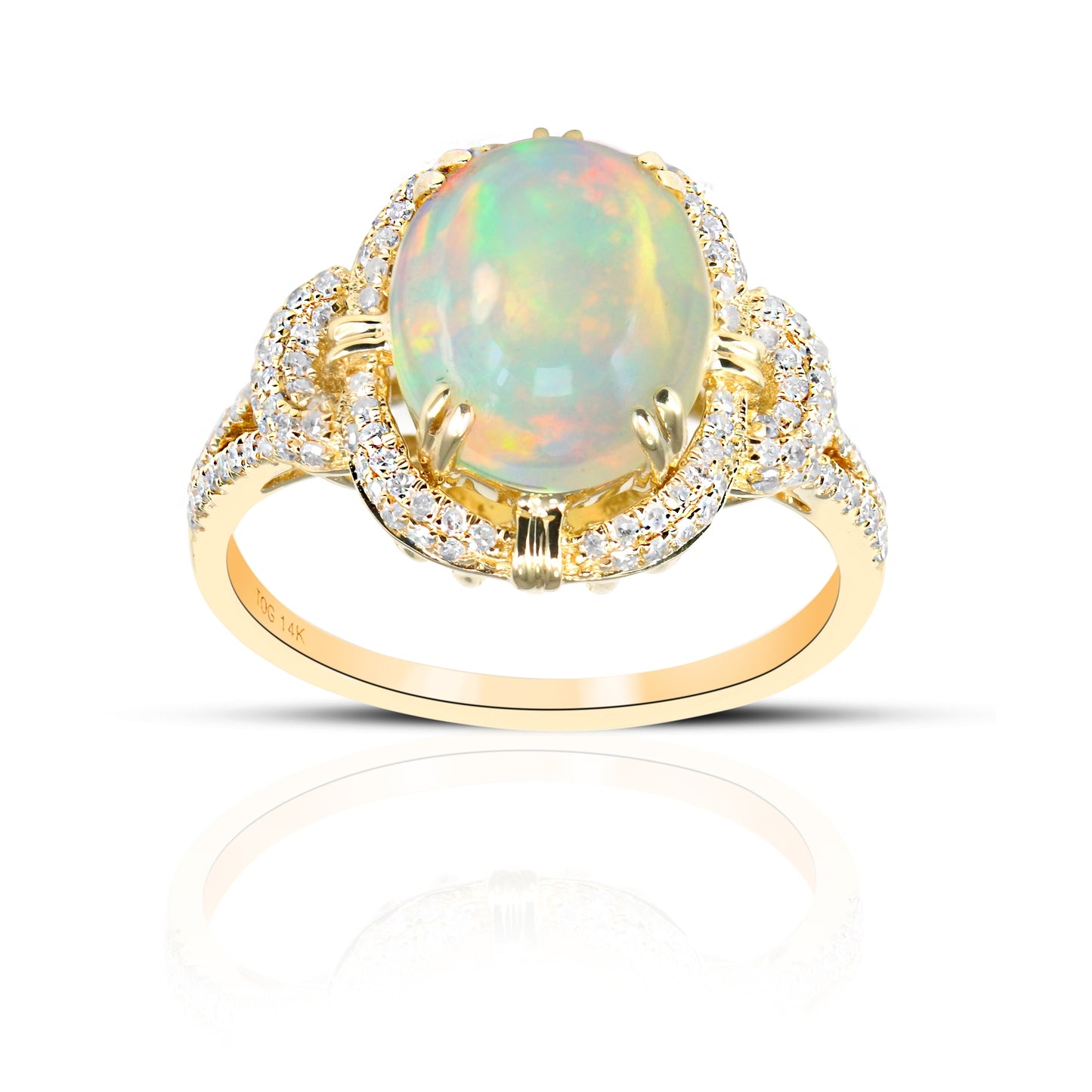 Vintage inspired Oval Opal ring with Pave' Diamond accents 14 Karat Yellow Gold