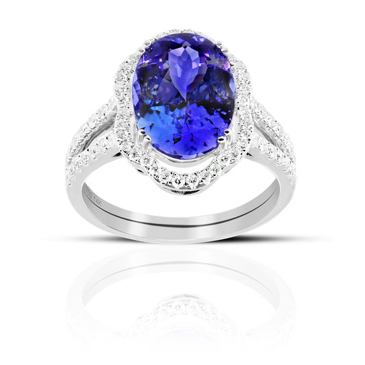 Split Shank Oval Tanzanite halo and Pave' Diamond accent Cocktail ring 14 Karat White Gold