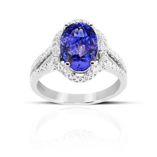 Twin Shank Oval Style Tanzanite with halo and Pave' Diamond accent Cocktail ring 14 Karat White Gold