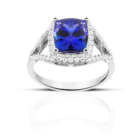 Split Shank Classic Cushion Tanzanite halo and Pave' Diamond accents Cocktail ring 14 Karat White Gold