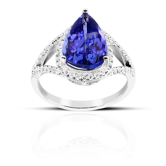 Split Shank Pear Shaped Tanzanite halo Cocktail ring with Pave' Diamond accents 14 Karat White Gold