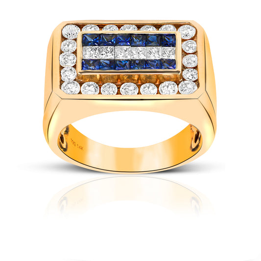 Dramatic Blue Sapphire Invisible Princess-cut Men's Ring with Channel-Set Diamonds 14 Karat Yellow Gold