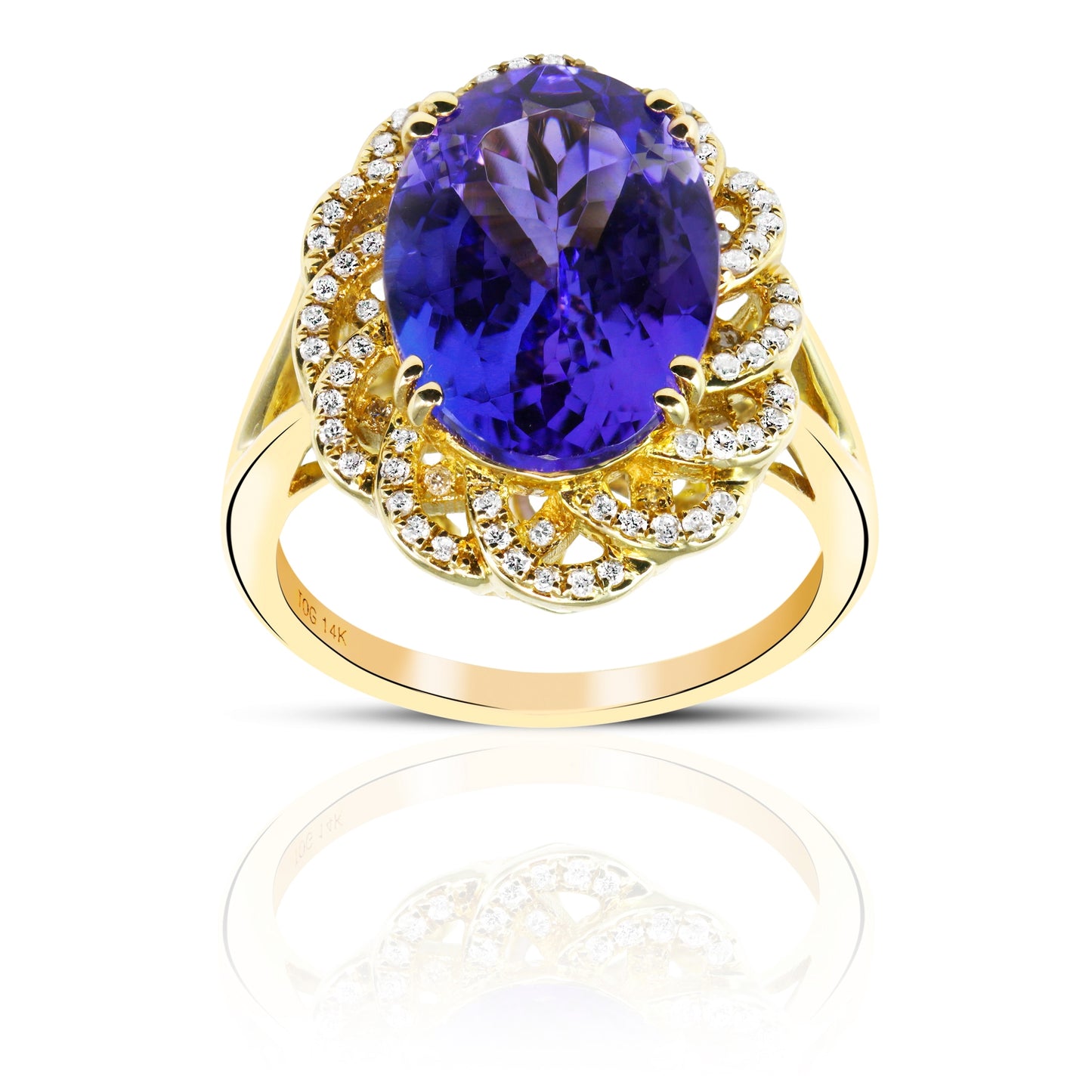 Vintage style Oval Tanzanite with Pave accent Diamonds Cocktail ring 14 Karat Yellow Gold