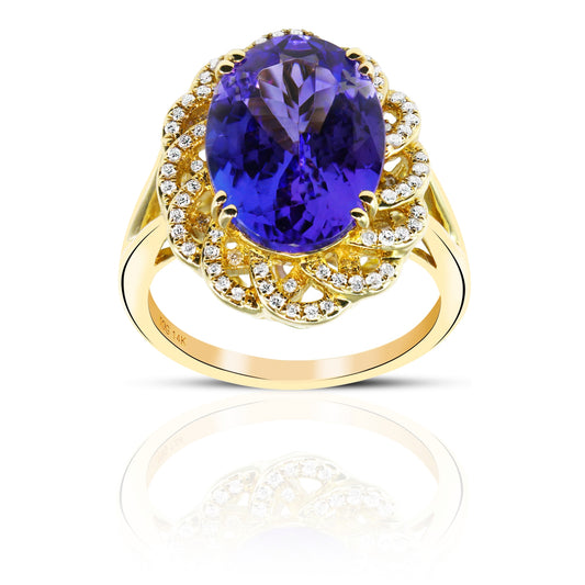 Vintage style Oval Tanzanite with Pave accent Diamonds Cocktail ring 14 Karat Yellow Gold