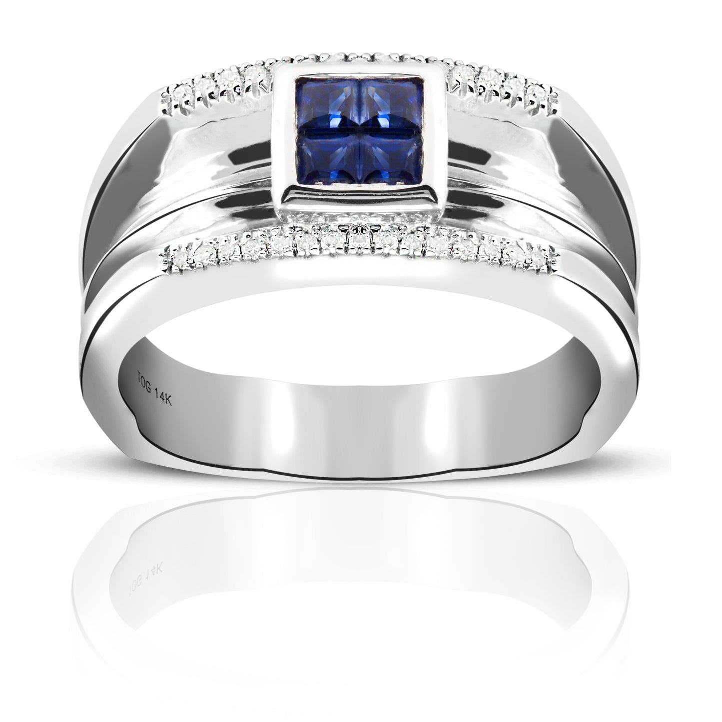 Invisible Princess-cut Blue Sapphire Men's Wedding Band with Pave' Diamonds 14 Karat White Gold