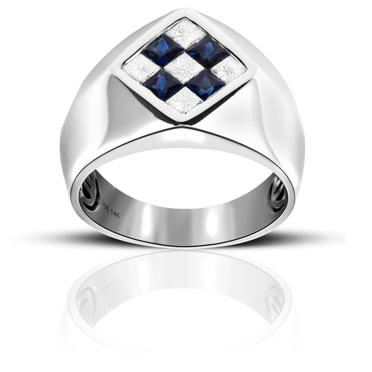 Stylish Blue Sapphire and Diamond Invisible Princess-cut Men's Ring 14 Karat White Gold