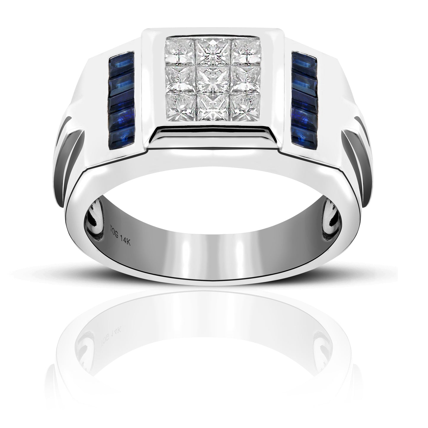 Bold Blue Sapphire Baguettes with Invisible Princess-cut Diamonds Men's Ring 14 Karat White Gold