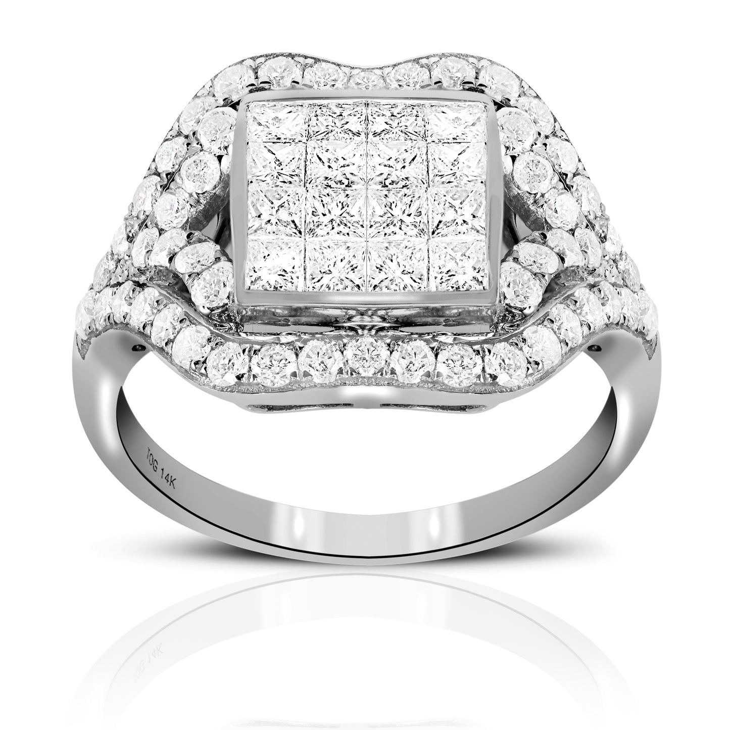 BEAUTIFUL VINTAGE PAVE AND INVISIBLE PRINCESS-CUT DIAMOND COCKTAIL RING 14 KARAT WHITE GOLD