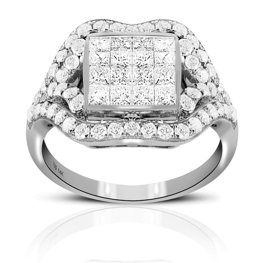 BEAUTIFUL VINTAGE PAVE AND INVISIBLE PRINCESS-CUT DIAMOND COCKTAIL RING 14 KARAT WHITE GOLD