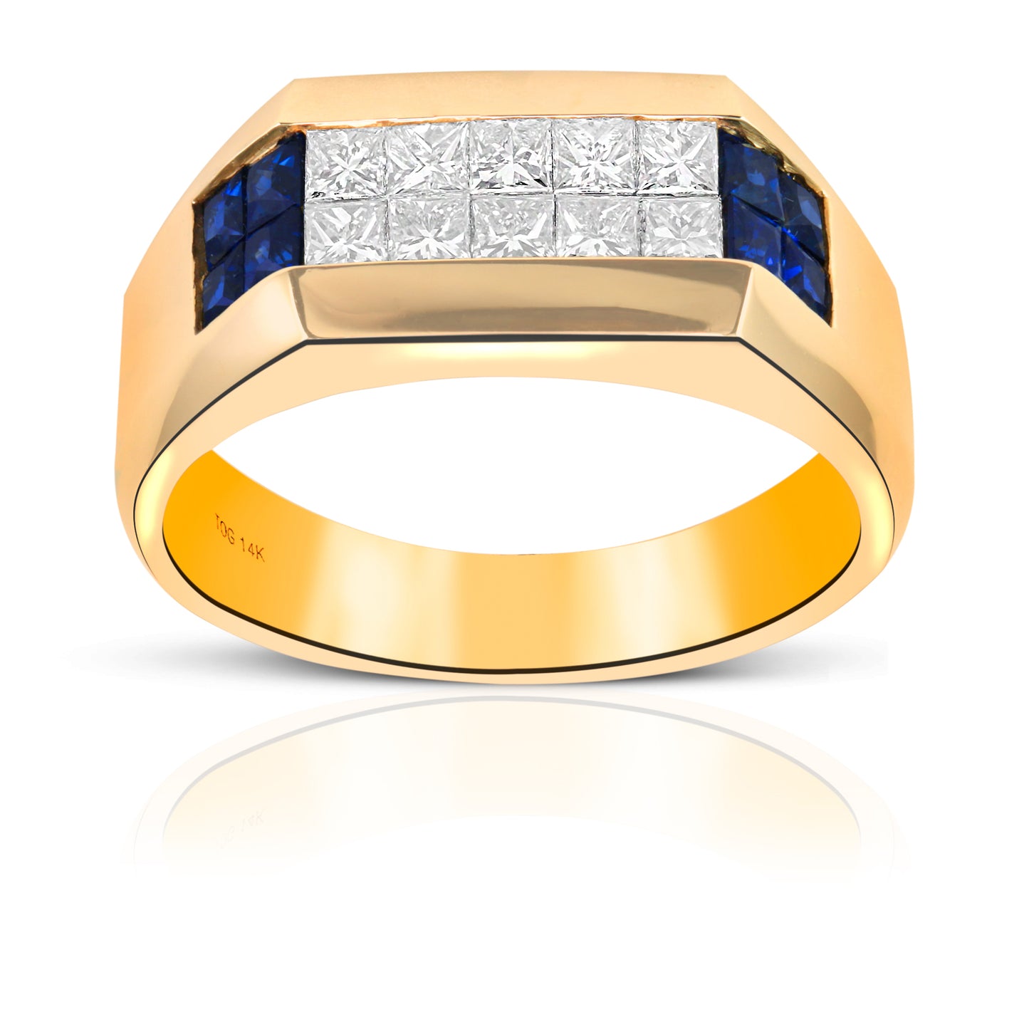 Sleek Blue Sapphire and Diamond Invisible Princess-cut Men's Ring 14 Karat Yellow Gold