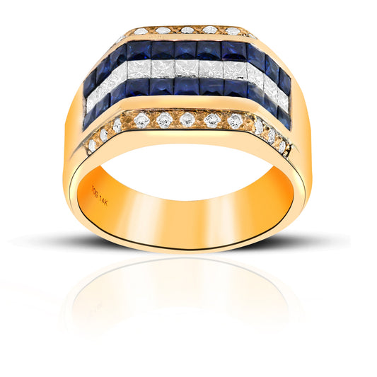 Sophisticated Blue Sapphire and Diamond Invisible Princess-cut with Pave Diamond accents Men's ring 14 Karat Yellow Gold