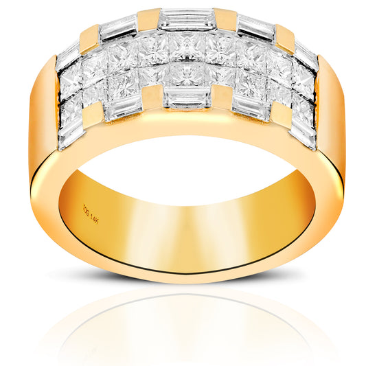 Exquisite Baguette and Invisible Princess-cut Diamond Cocktail Ring 14 Karat Yellow Gold