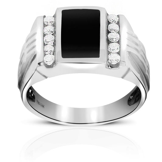 Sporty Onyx Men's Ring with Double Channel-set Full cut Round Diamonds 14 Karat White Gold