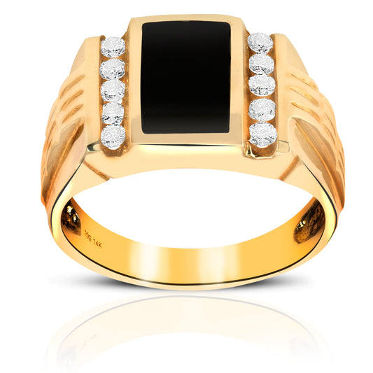 Striking Onyx Men's Ring with Double Channel-set Full cut Round Diamonds 14 Karat Yellow Gold