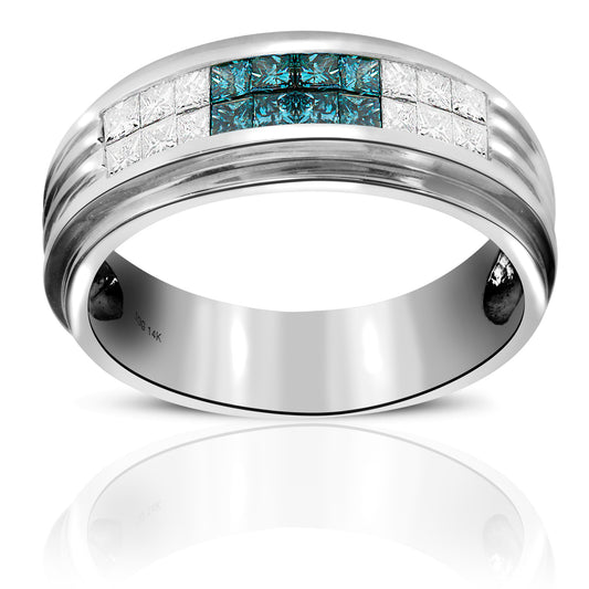 Splendid Men's Ring with Blue and White Invisible Princess-cut Diamonds 14 Karat White Gold