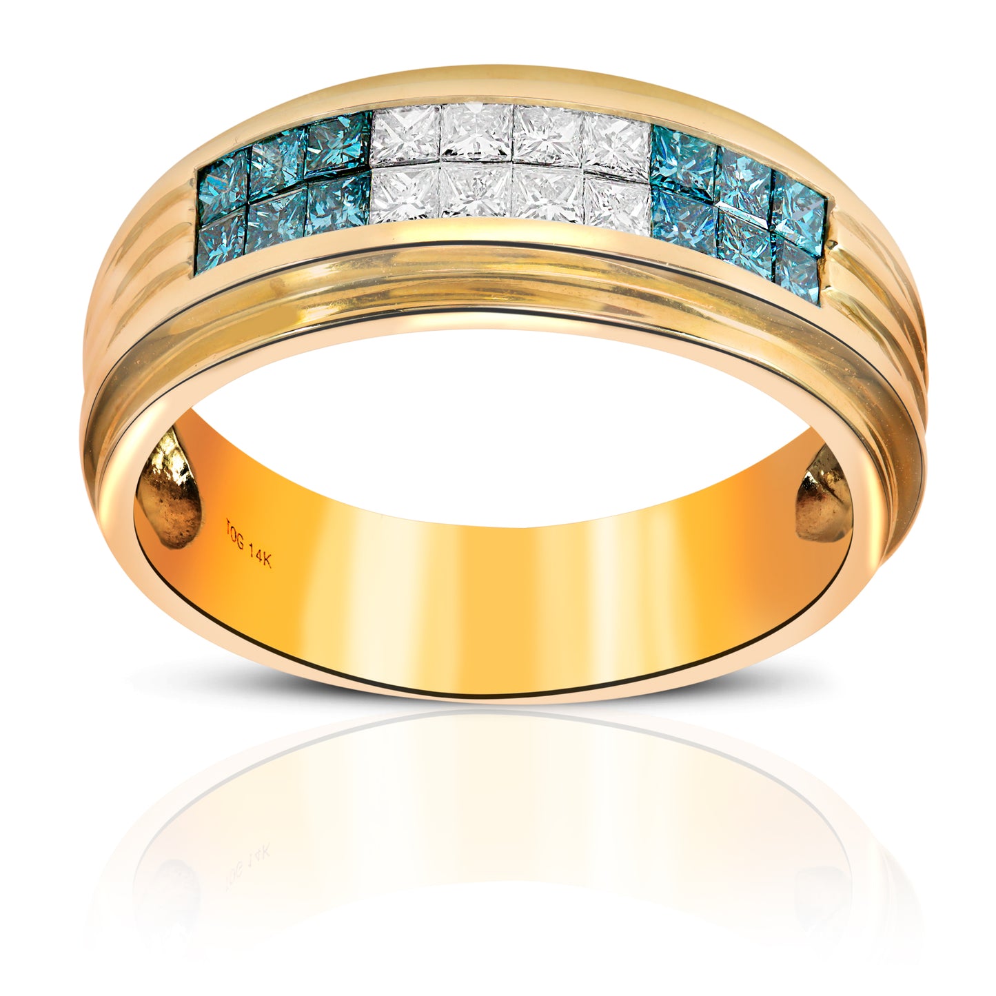 Fabulous Men's Ring with Blue and White Invisible Princess-cut Diamonds 14 Karat Yellow Gold