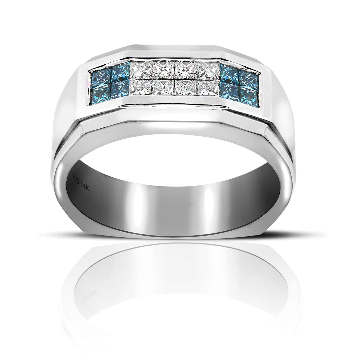 Impressive Men's Ring with Blue and White Invisible Princess-cut Diamonds 14 Karat White Gold