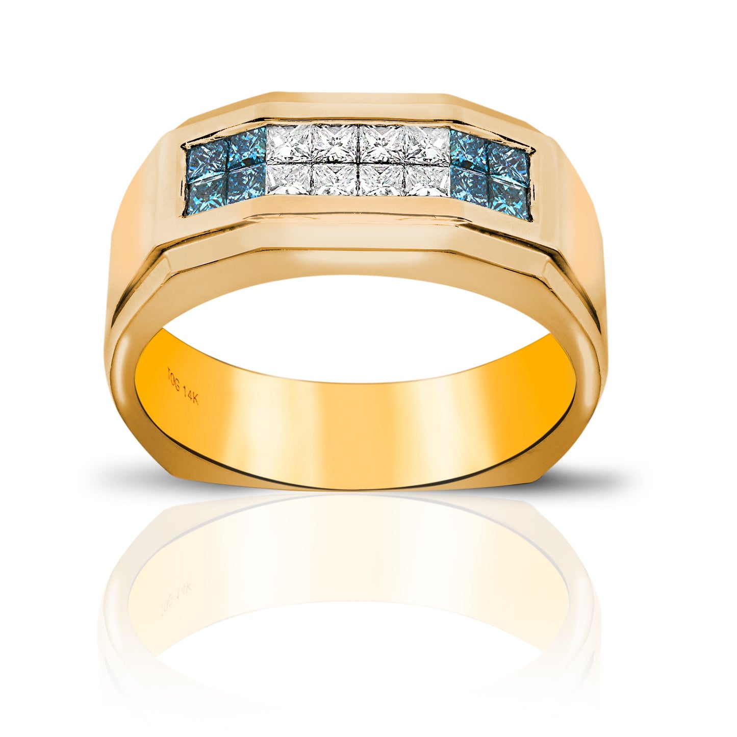 Radiant Men's Ring with Blue and White Invisible Princess-cut Diamonds 14 Karat Yellow Gold