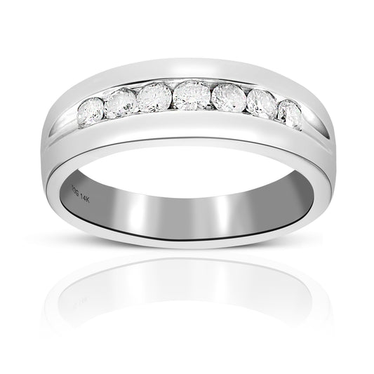 Men's Seven Stone Channel-Set Round Full cut Diamond Wedding Band 14 Karat White Gold