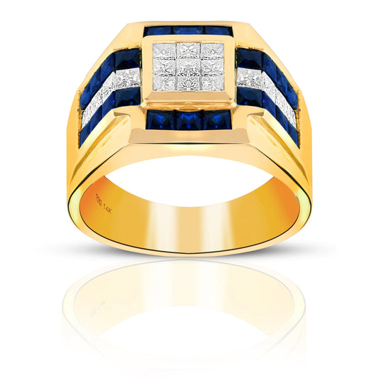 Attention-getting Blue Sapphire and Diamond Invisible Princess-cut Men's Ring 14 Karat Yellow Gold